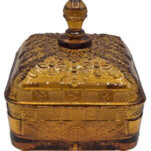 Indiana Tiara Amber Glass Honey Bee Covered Box / Trinket Dish Splayed Feet Fo